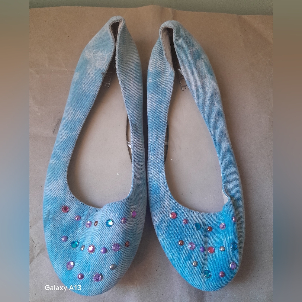 Children Place Blue Denim Flats with Colorful Studs